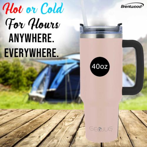TRAVEL MUG PINK 40OZ TUMBLER W/HANDLE  LID & STRAW