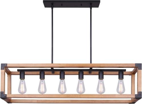 CHANDELIER MOSS 6LTG MATTE BLK & REAL WOOD