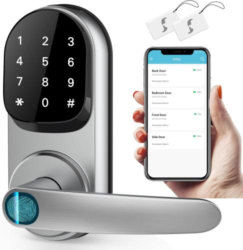 Sifely Keyless Entry Smart Lock, Fingerprint & Keypad Access, Front Door Handle, Silver