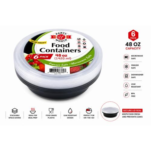 6 Pack Round Containers, 48 Oz. 