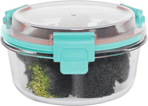 STORAGE CONTAINER GLASS W/TURQUOISE LID ROUND 13OZ