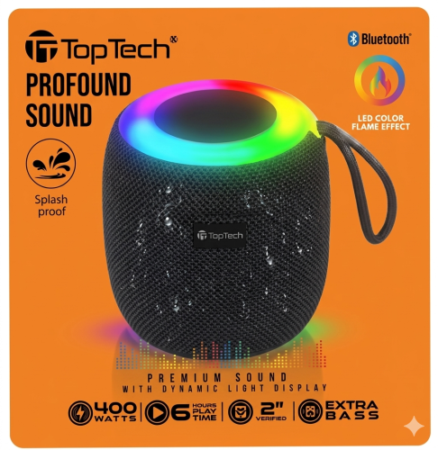 TopTech Profound Sound Portable Bluetooth Speaker – Luminous LED Light Display & Splash Proof, 2''