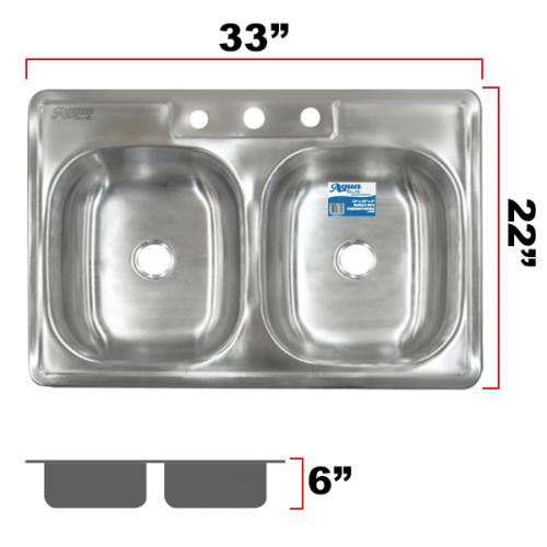 KITCHEN SINK DOUBLE 33"X22"X6" 0.6MM