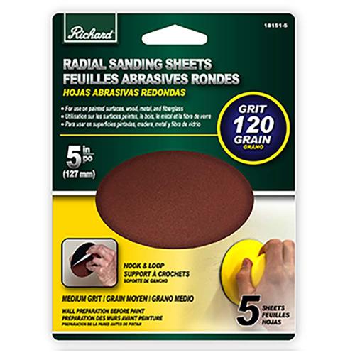 5" ROUND SANDING SHEET ALUMINUM OXIDE VELCRO BACKING 120G 5PK