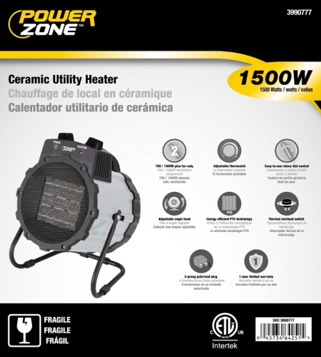 700W-1500W GRY CERAMIC UTILITY HEATER 2 HT STNG  BNT-15B2 POWERZONE