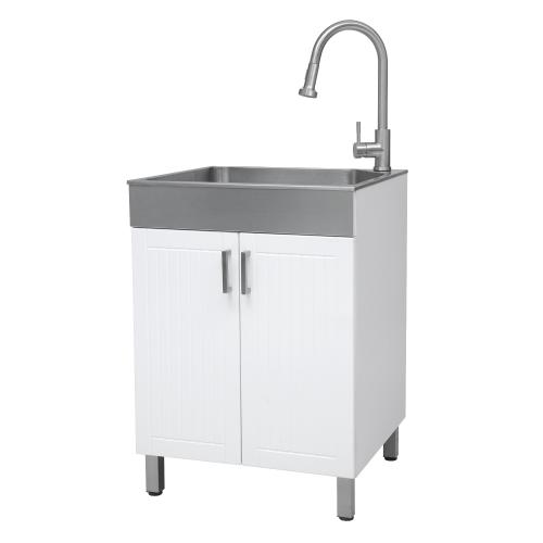 WHITE STORAGE CABINET WITH SINK AND FAUCETS