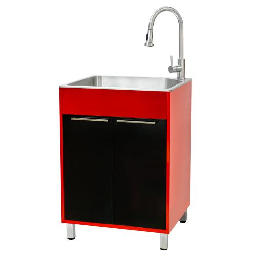RED AND BLACK METAL CABINET C/W SINK   FAUCETS.