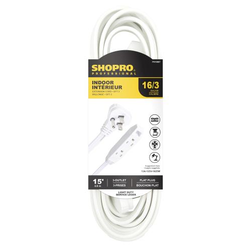 16/3 SPT-3 3-OUTLET FLAT PLUG 15' INDOOR EXT CORD WHITE