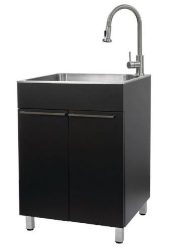 BLACK METAL LAUNDRY CABINET C/W FAUCET AND STRAINERS