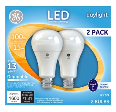 GE 2PK 15W DAY A19 BULB