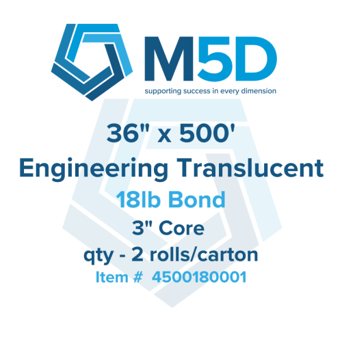 36" x 500' - 18lb Engineering Translucent Bond Paper. Untaped 3" Core.