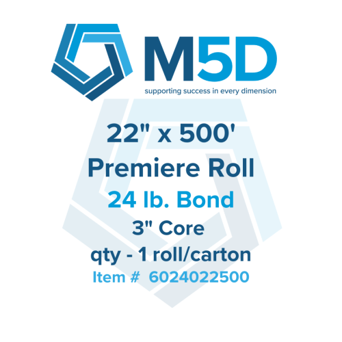 22" x 500' - 24lb Premiere Bond. Untaped. 3" core. 1 roll per carton