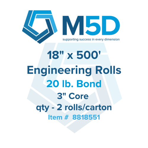 18" x 500' - 20lb Engineering Bond. 3" Core.  2 rolls per carton.