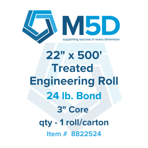22" x 500' - 24lb Treated Bond. 3" core. 1 Roll per Carton