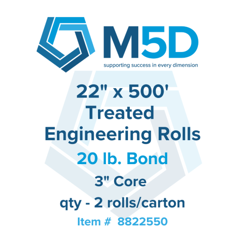 22" x 500' - 20lb Treated Bond. 3" Core.  2 Rolls per Carton.