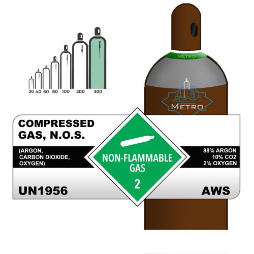 88% Argon, 10% Carbon Dioxide, 2% Oxygen, 300, Industrial, 309.50 ft3, Steel (S), (C) - CGA 580
