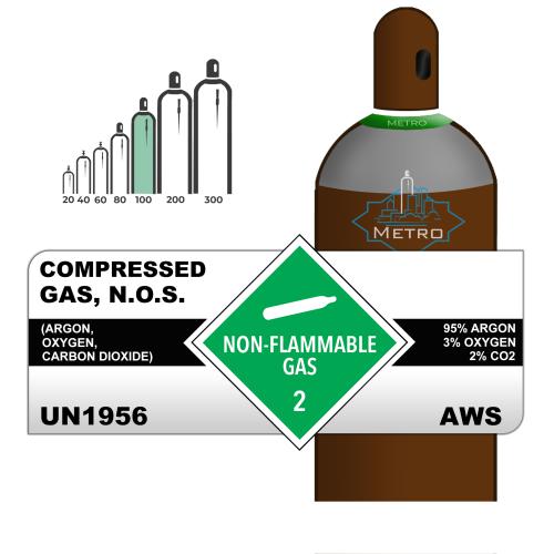 95% Argon, 3% Oxygen, 2% Carbon Dioxide, 100, Industrial, 112.20 ft3, Steel (S), (C) - CGA 580