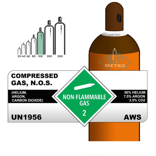 90% Helium, 7.5% Argon, 2.5% Carbon Dioxide, 100, Industrial, 101.80 ft3, Steel (S), (C) - CGA 580