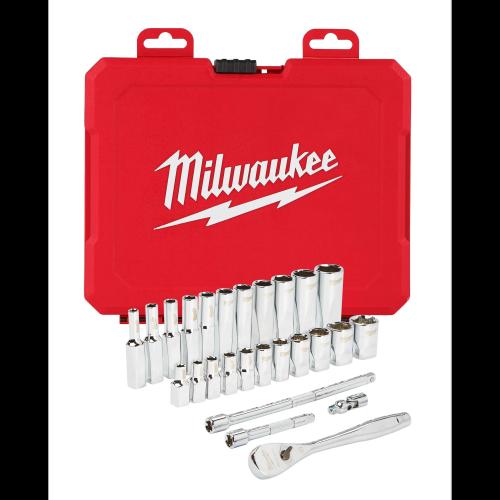 Milwaukee Sae Ratchet & Socket Set 26Pc Non Roll