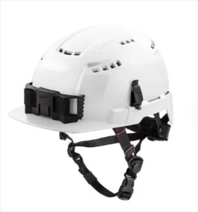 SAFETY HELMET  MILWAUKEE WHITE VENTED CLASS C TYPE 2 WITH CHAIN STRAP  MARKER CLIP  AND HEADLAMP ATTACHMENT