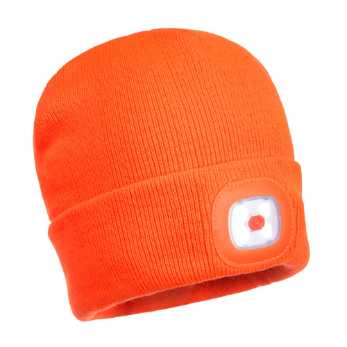 BEANIE  W/ LED HEADLAMP USB RECHARGEABLE ORANGE