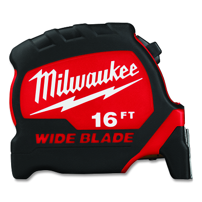 Wide Blade Tape Measure, 16 ft, SAE, Red/Black