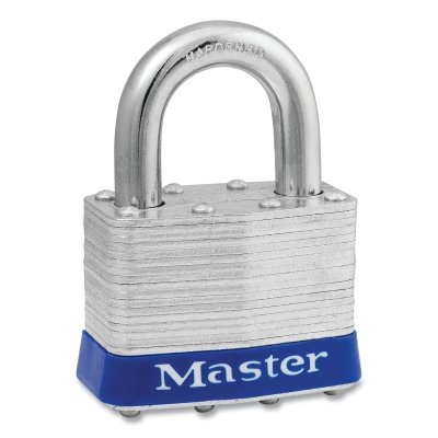 No. 5 Laminated Steel Padlock, 3/8 in dia x 15/16 in W x 1 in H Shackle, Silver/Blue, Universal Pin