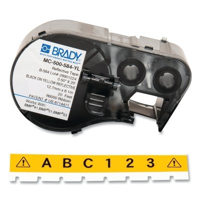 Brady® BMP41 BMP51 BMP53 Reflective Label, .5 in W x 20 ft L, Black on Yellow