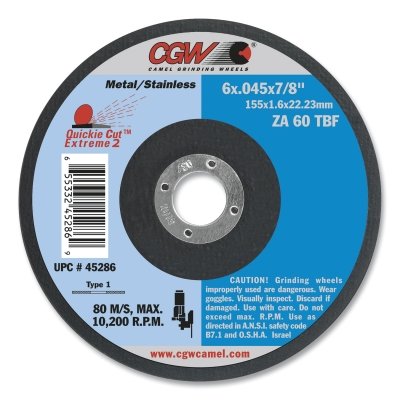 Quickie Cut™ Flat Cut-Off Wheel, 4-1/2 in dia, .045 in Thick, 7/8 in Arbor, 60 Grit, Type 27