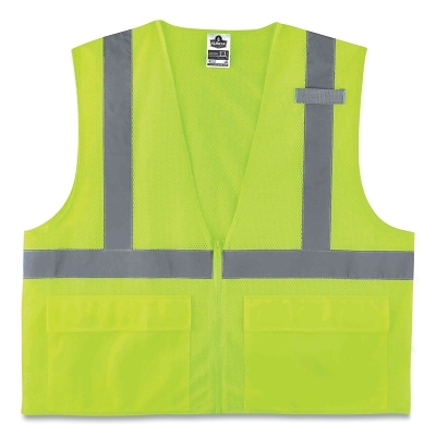 GloWear® Safety Vest, 8220Z, Mesh, Class 2, Type R, Reflective Strip, 3 Pockets, Zipper, 2X-Large/3X-Large, Lime
