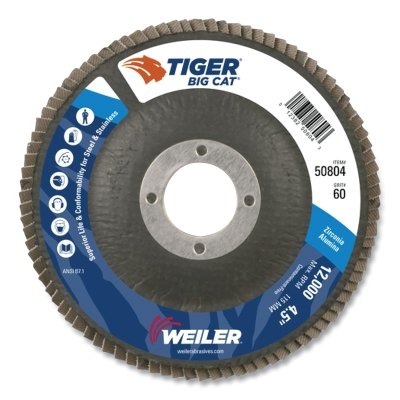 Tiger® Big Cat® High Density Flap Disc, 4-1/2 in dia, 60 Grit, 7/8 in Arbor, 12000 RPM, Type 27