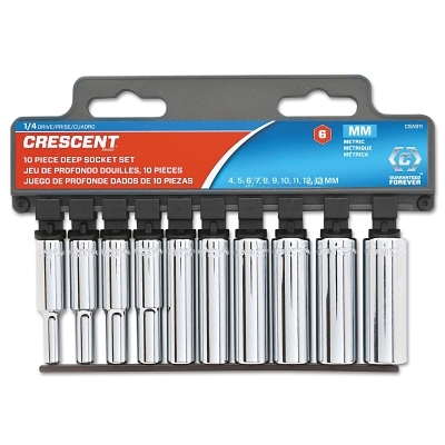 10 Piece 1/4 in Drive 6 Point Deep Socket Sets, 4 mm - 13 mm, Metric