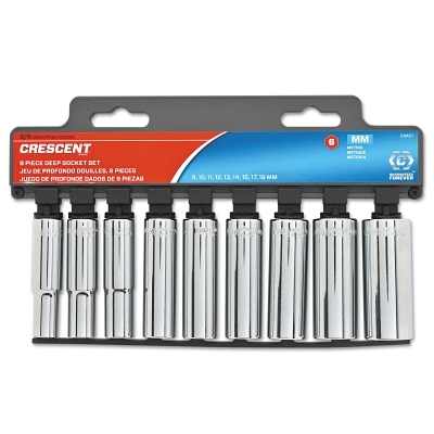 9 Piece 3/8 in Drive 6 Point Deep Socket Sets, 9 mm - 19mm, Metric
