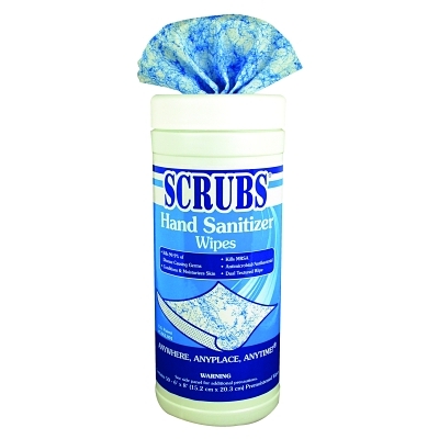 SCRUBS Hand Sanitizer Wipes, 6 in W x 9 in L, Alcohol Scent, 85 Wipes/Container