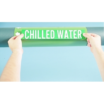 Self-Sticking Vinyl Pipe Markers, Chilled Water Return, White/Green, 14 x 14