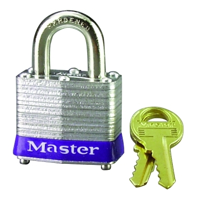 No. 3 Laminated Steel Padlock, 9/32 in dia, 5/8 in W x 3/4 in H Shackle, Silver/Blue, Keyed Different, Varies