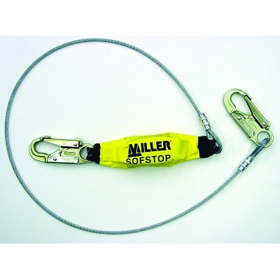 Wire Rope Lanyard with SofStop Shock Absorber, 2 Locking Snaps
