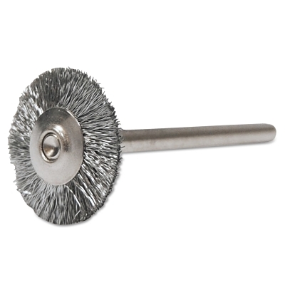 Miniature Stem-Mounted Wheel Brush, 3/4 in Dia., 0.005 in Brass Wire, 37,000 rpm