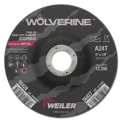 Wolverine® Combo Wheel, 5 in Dia, 1/8 in Thick, 7/8 in Arbor, 24 Grit, T
