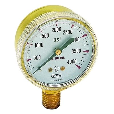 2 in Pressure Gauge, 100 psi (tensile), Brass, 1/4 in NPT(M)