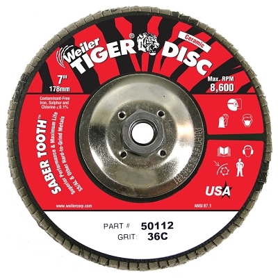 Saber Tooth™ Ceramic Flap Discs, 7 in, 36 Grit, 5/8 Arbor, 12,000 rpm
