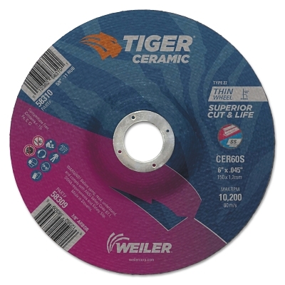 Tiger Ceramic Cutting Wheels, 6 in Dia, 0.045 in Thick, 7/8 in Arbor, 24/bx