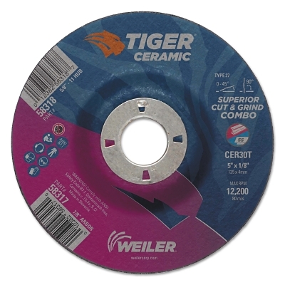 Tiger Ceramic Combo Wheels, 5 in Dia., 1/8 in Thick, 7/8 in Arbor, 30 Grit