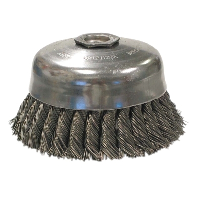 Single Row Heavy-Duty Knot Wire Cup Brush, 5 in dia, 5/8-11 UNC, 0.023 Steel Wire