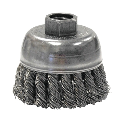 Single Row Heavy-Duty Knot Wire Cup Brush, 2 3/4 in Dia., 3/8-24 UNF, .02 Steel