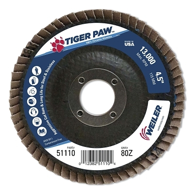 Tiger Paw™ Coated Abrasive Flap Disc, 4-1/2 in, 80 Grit, 7/8 Arbor, Phenolic, 13,000 RPM