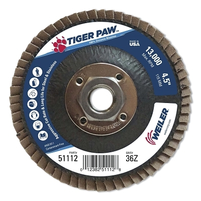 Tiger Paw™ Coated Abrasive Flap Discs, 4 1/2", 36 Grit, 5/8 Arbor, Phenolic Back
