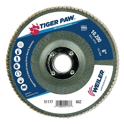 Tiger Paw™ TY29 Coated Abrasive Flap Disc, 6 in, 80 Grit, 7/8 in Arbor