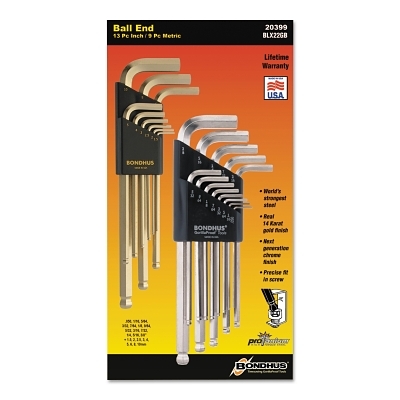 GoldGuard/BriteGuard L-Wrench Hex Key Sets, 22 per set, Ball Tip, Inch/Metric