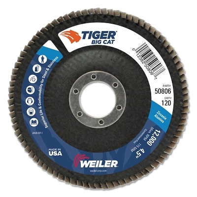 Tiger® Big Cat® High Density Flap Disc, 4-1/2 in dia, 120 Grit, 7/8 in Arbor, 12,000 RPM, Type 27